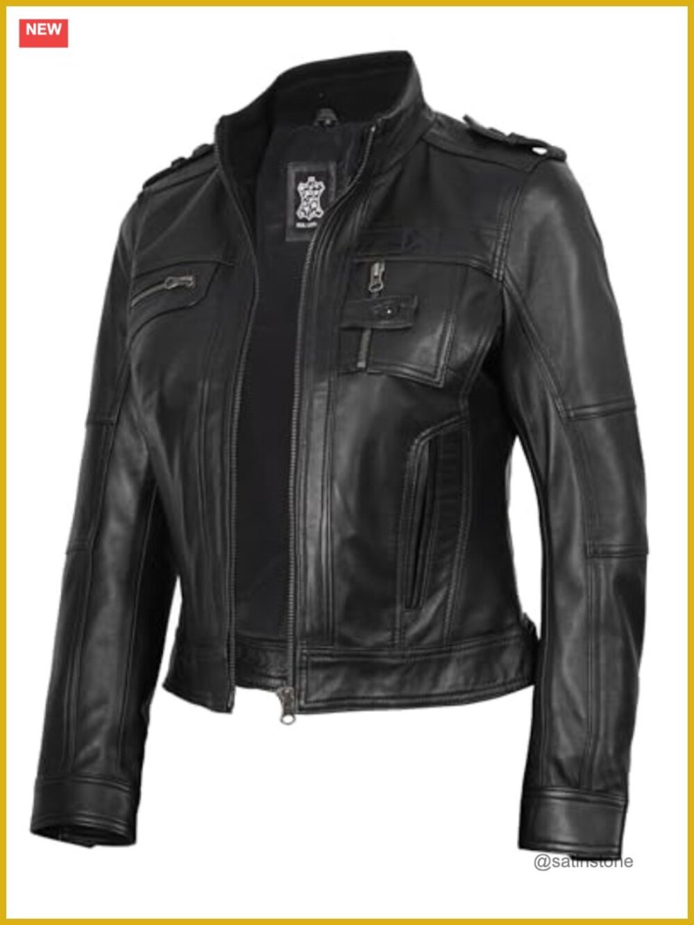 Women's Real Lambskin Leather Jacket Moto Cafe Racer Zipper